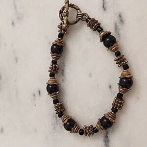 Vintage Bracelet Metal Brass Tone & Black Stone Beads